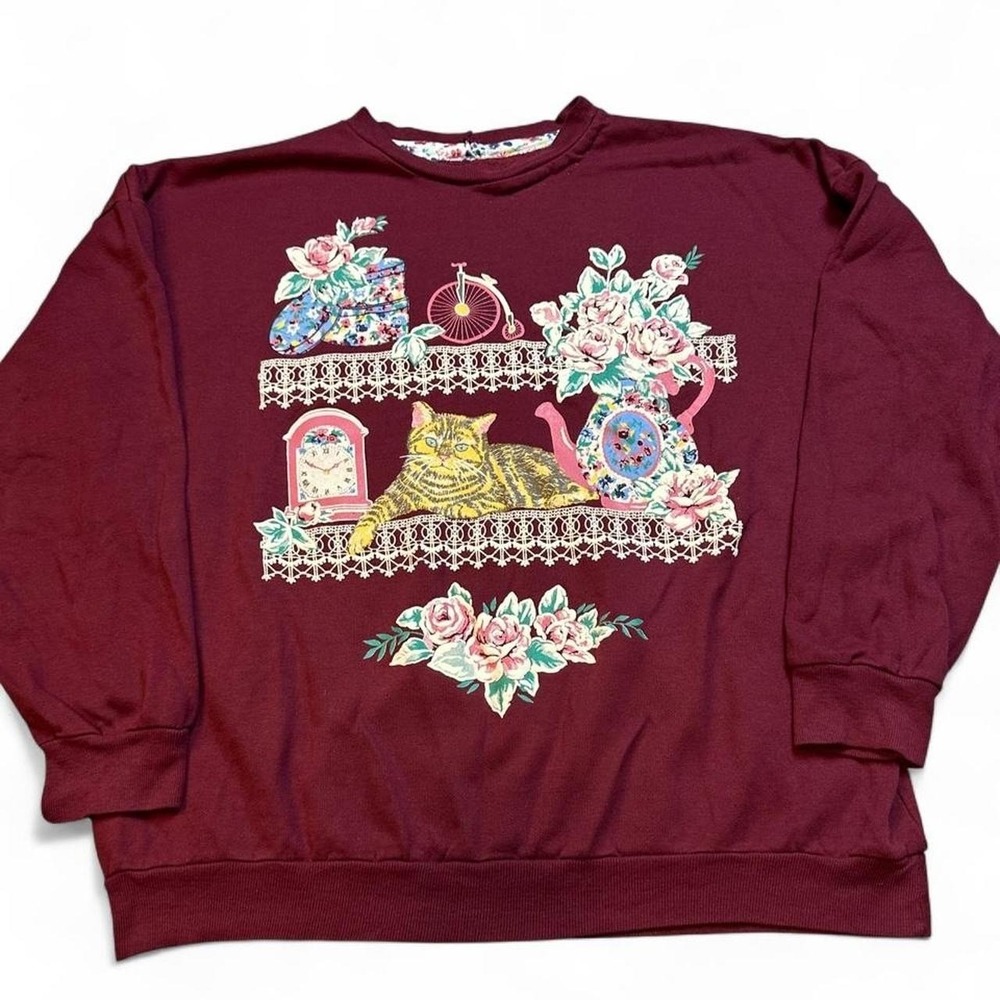 Vintage kitty cat cottage core crewneck sweatshirt womens size‎ large